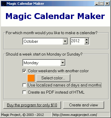 Screenshot of Magic Calendar Maker